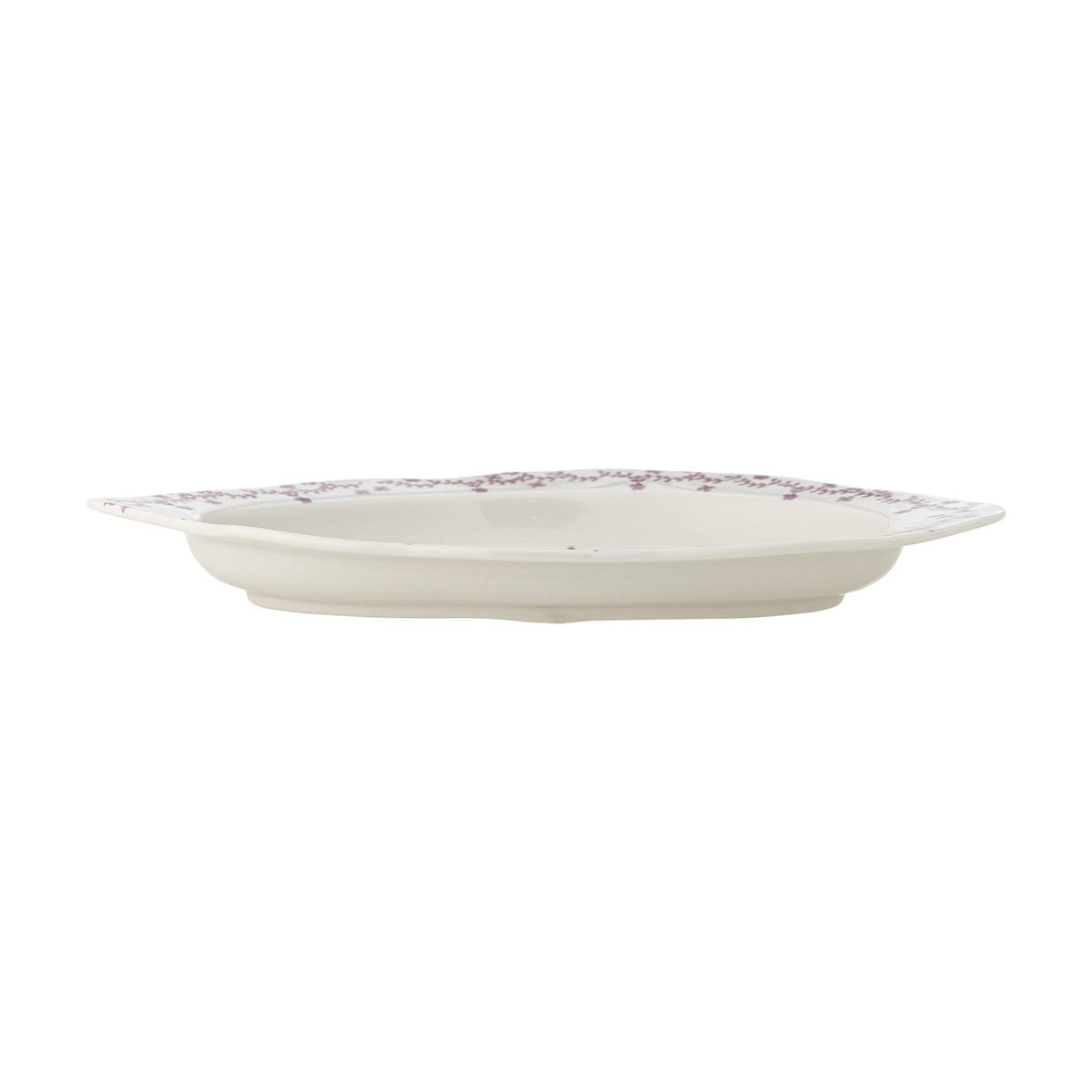 Side view of the Wonderland Wavy Stoneware Christmas Platter in pink, showing its oval shape, scalloped rim with tab ends, and cream stoneware body on a plain white background.