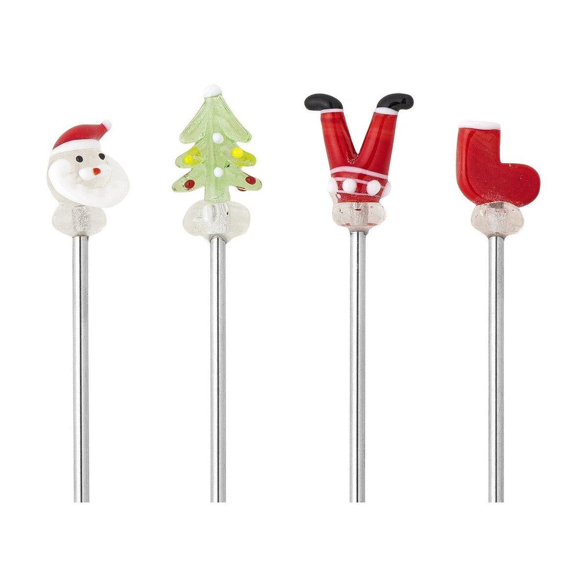 Set of four stainless steel cocktail stirrers with colour-dyed glass toppers—Santa face, Christmas tree, kicking Santa legs and a stocking—on a plain white background.