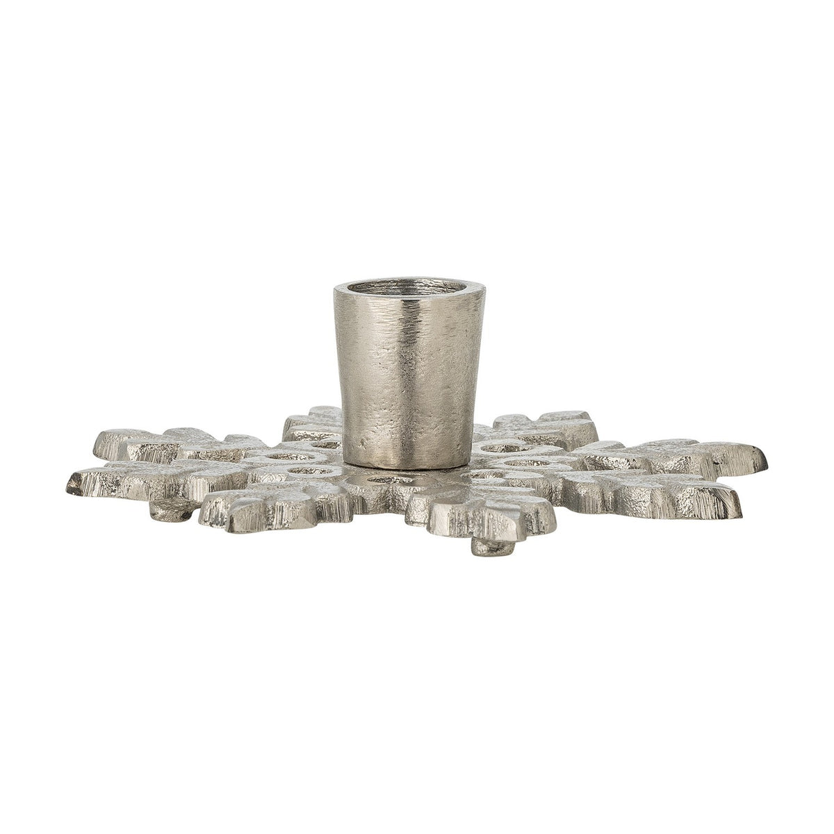Kashi Snowflake Aluminium Christmas Candle Holder in silver, a flat snowflake-shaped base with a single round taper cup at the centre, shown on a plain white background.