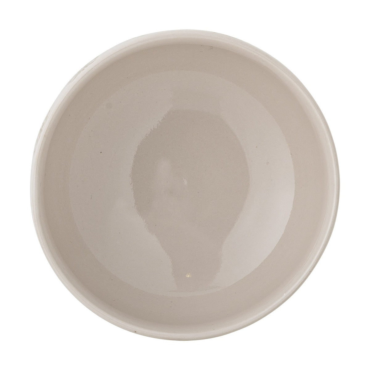 Snowie stoneware Christmas bowl in beige, 13cm, shown from above with a plain glossy interior, part of a set of 4, on a white background.
