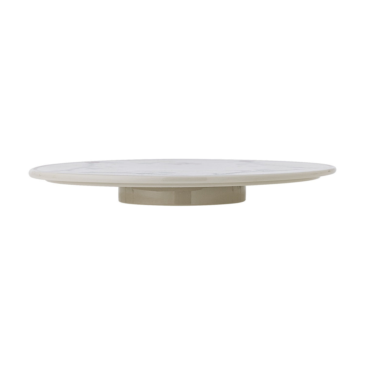 Side view of the Yule Stoneware Christmas Lazy Susan in white, a round ceramic turntable with a low base, shown on a plain white background.