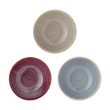 Addison Purple Speckled Stoneware Bowls, set of 3, 16cm, in beige, burgundy, and blue reactive glazes with fine speckling, shown from above on a white background.
