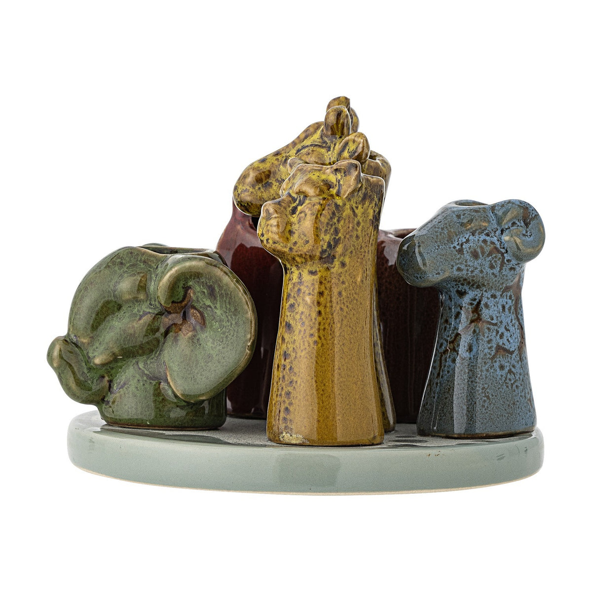 Piero Stoneware Vase 10.5cm in Multi, a round-based ceramic vase shaped as clustered animal heads—giraffes, an elephant, and a ram—in green, amber, maroon, and blue glazes on a white background.