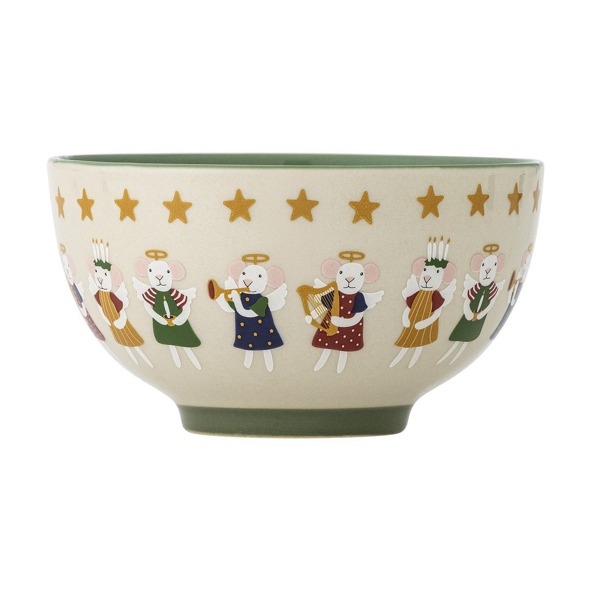 Cream stoneware Christmas bowl, 13.5cm, with a green glazed interior and footed base, decorated with a band of gold stars and angel mice playing trumpet and harp, shown on a white background.