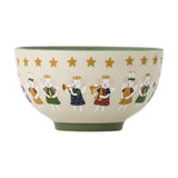 Cream stoneware Christmas bowl, 13.5cm, with a green glazed interior and footed base, decorated with a band of gold stars and angel mice playing trumpet and harp, shown on a white background.