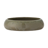 Imke Stoneware Plant Pot with Saucer in Green, a wide round pot with a reactive glaze finish, deepest green at the rim, shown on a plain white background.