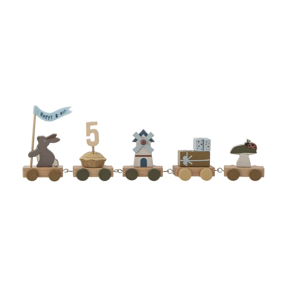 Alfi Birthday Decoration wooden train in multicoloured MDF, with five linked wagons featuring a rabbit, number 5 cake, windmill, gift and ladybird mushroom.