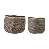 Heddy Seagrass Baskets Set of 2 in black, round woven storage baskets with zigzag stripe and cross motif pattern, rounded sides and plain-woven rim, shown on a white background.