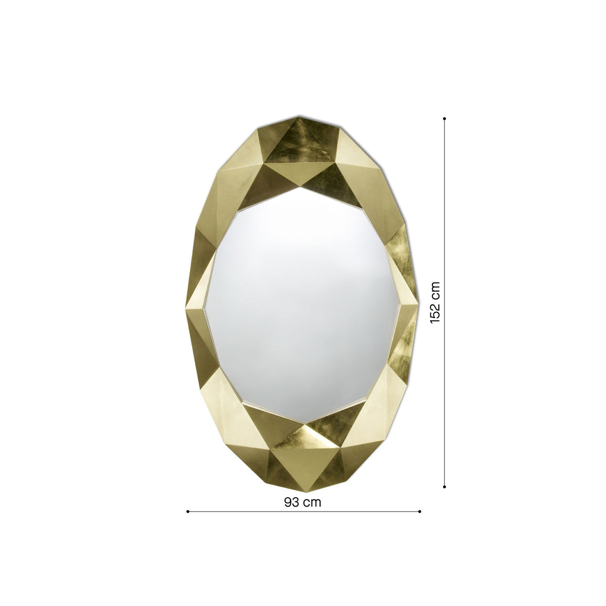 Dimension drawing of the oval mirror in its irregular faceted surround, marked 93cm wide by 152cm high and 9cm deep.