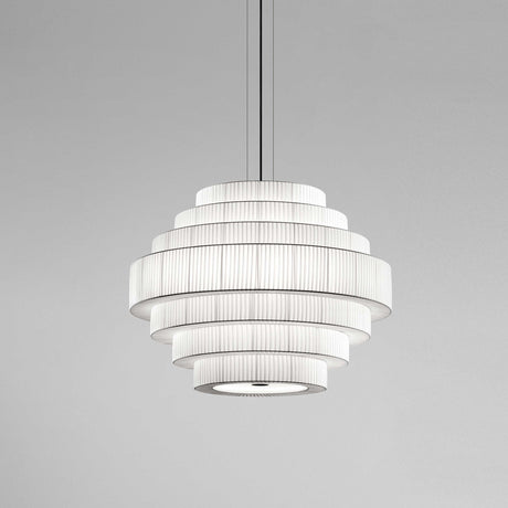 Mos 03 Ribbon Tiered Pendant Light with stacked rings of pleated white translucent ribbon forming a rounded tower shape, suspended on a slim cord against a plain grey background.
