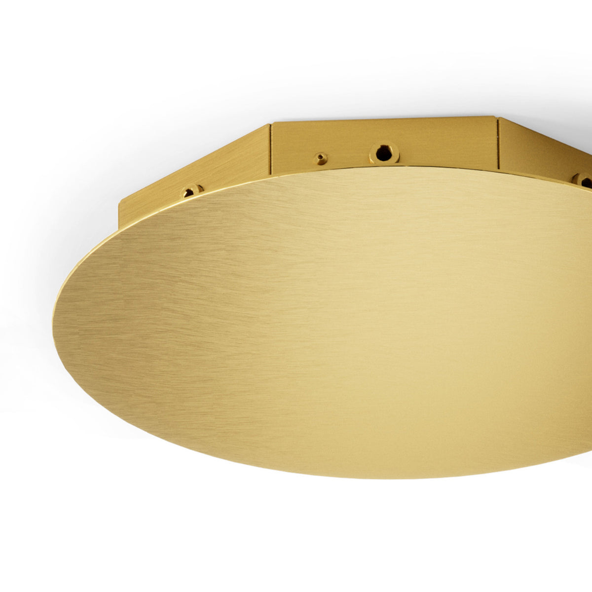 Radial 2X100W 8 Pendant Ceiling Canopy, 39.5cm round brushed brass fixture with visible mounting holes and built-in driver, shown close-up on a white background.