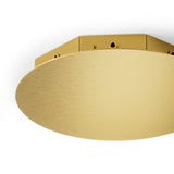 Radial 2X100W 8 Pendant Ceiling Canopy, 39.5cm round brushed brass fixture with visible mounting holes and built-in driver, shown close-up on a white background.