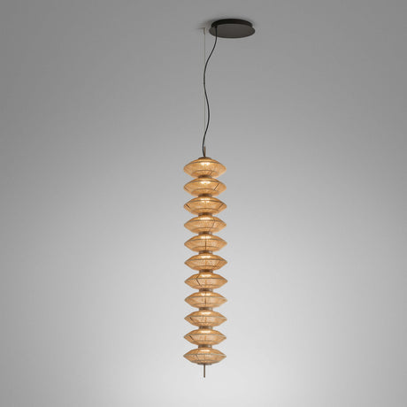 Yuyun S/11S fabric LED pendant light with eleven stacked woven satin beige cotton tiers on a slim stem, suspended from a round black ceiling canopy against a plain grey background.