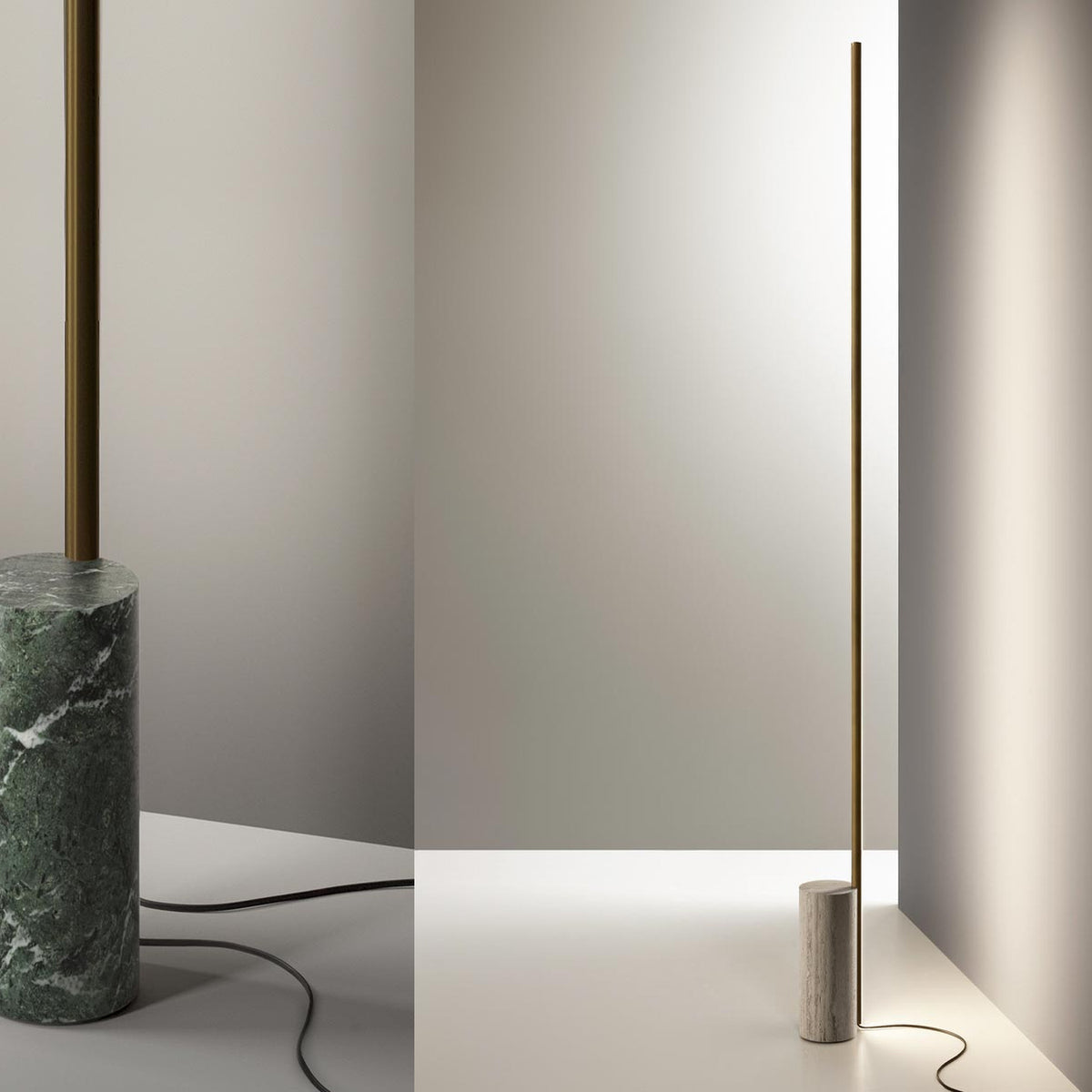 Hilow Line Alps Green Marble Linear Floor Lamp with slim brushed brass LED rod and round green marble base, shown beside a similar lamp on a travertine base.