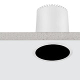 Nick Aluminium Round Recessed LED Downlight 6cm in white, shown cut-away with white cylindrical housing above ceiling and black-ringed round aperture below.