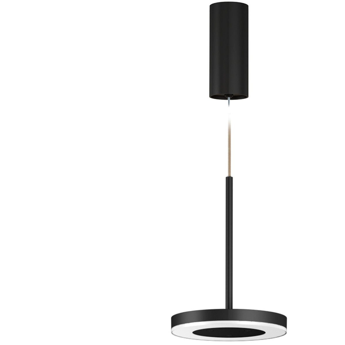 Bella Direct LED pendant light in black, with a slim round disc shade and white ring diffuser on a thin black stem, suspended from a cylindrical ceiling canopy on a plain white background.