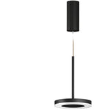 Bella Direct LED pendant light in black, with a slim round disc shade and white ring diffuser on a thin black stem, suspended from a cylindrical ceiling canopy on a plain white background.