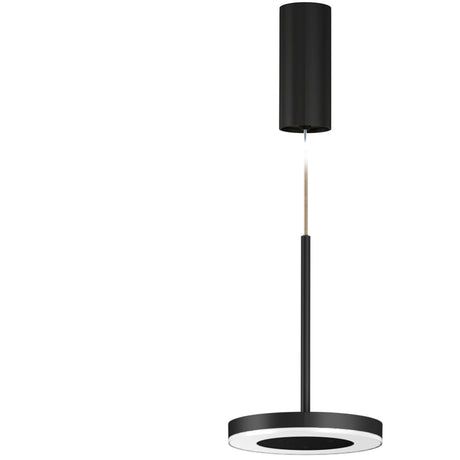 Bella Direct LED pendant light in black, with a slim round disc shade and white ring diffuser on a thin black stem, suspended from a cylindrical ceiling canopy on a plain white background.