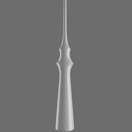 Slend 03 Aluminium Pendant Light in glossy white, a slim spindle-shaped fixture with a tapering neck, waisted collar and flared tubular body, shown against a plain grey background.