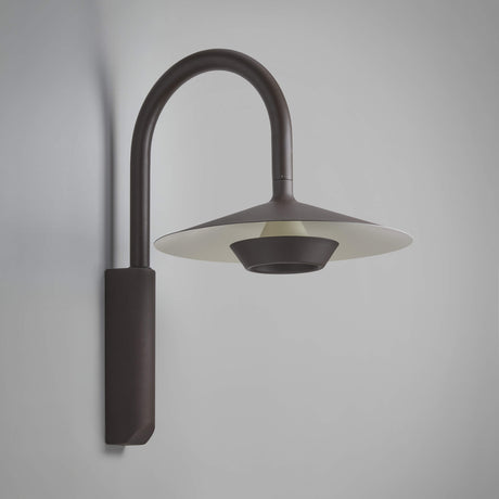 Fanalet A/02 aluminium outdoor wall light with tall arched arm and wide flat shade, graphite brown finish with white underside, shown against a plain light grey background.