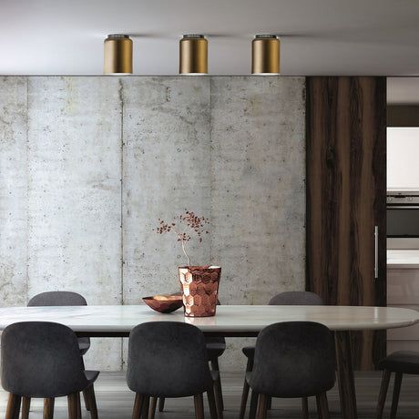 Aspen C17A Brass LED Ceiling Light with three cylindrical brass fixtures mounted in a row on the ceiling above a dining table in a modern dining room.