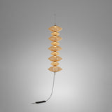 Yuyun S/9C/I fabric LED pendant light with nine stacked beige woven cotton tiers forming a tall column, hung from a slim cable against a plain grey background.