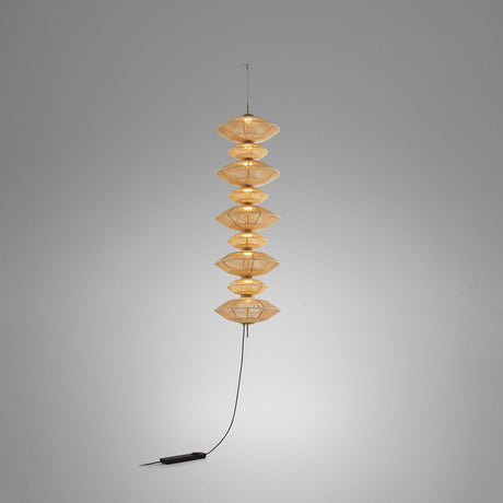 Yuyun S/9C/I fabric LED pendant light with nine stacked beige woven cotton tiers forming a tall column, hung from a slim cable against a plain grey background.