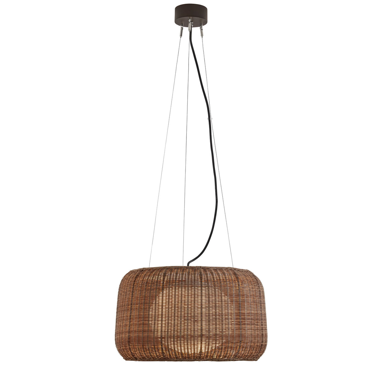 Fora S Rattan LED Outdoor Pendant Light in Rattan Brown, a round woven drum shade suspended on black cable with visible ceiling canopy, shown against a plain white background.