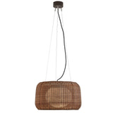 Fora S Rattan LED Outdoor Pendant Light in Rattan Brown, a round woven drum shade suspended on black cable with visible ceiling canopy, shown against a plain white background.