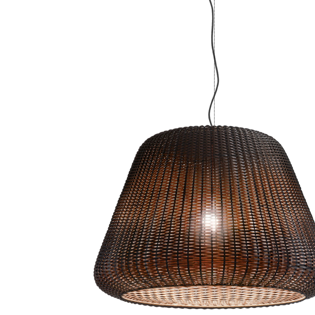 Ralph woven outdoor pendant light, 90cm tapered shade in metallic brown, E27 bulb glowing through the open weave, suspended on a black cable against a plain white background.