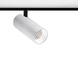 Street 5 Aluminium LED Track Spotlight in white, a slim cylindrical head with honeycomb louvre face, mounted on a black track rail against a plain white background.