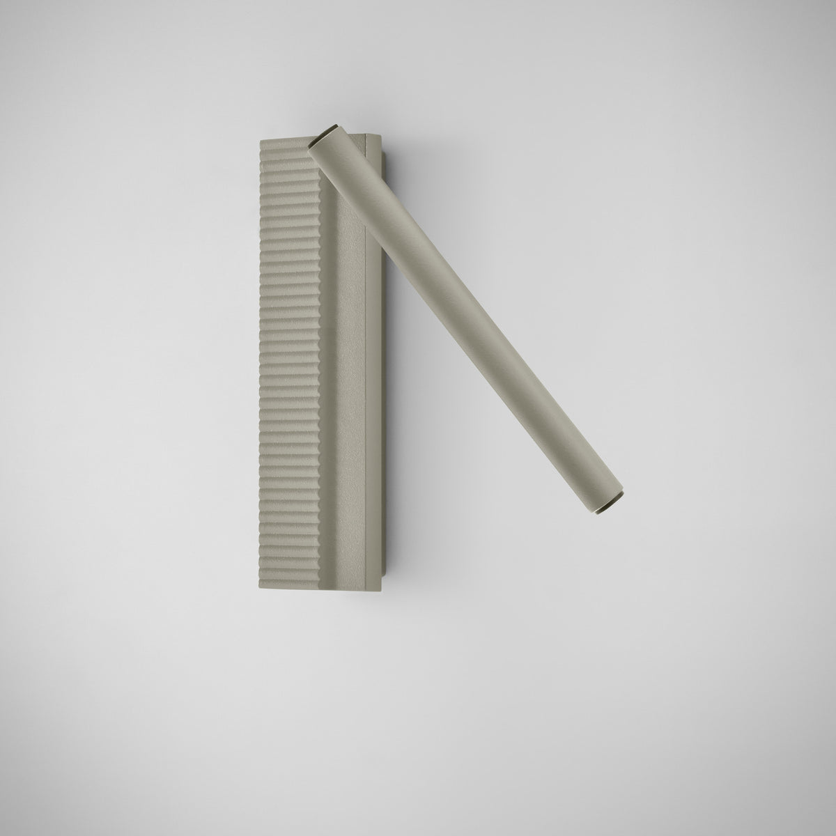Arid A/03 aluminium LED wall light in Textured Pebble Grey, with a ribbed rectangular back plate and a diagonal tubular arm, shown on a plain light grey background.