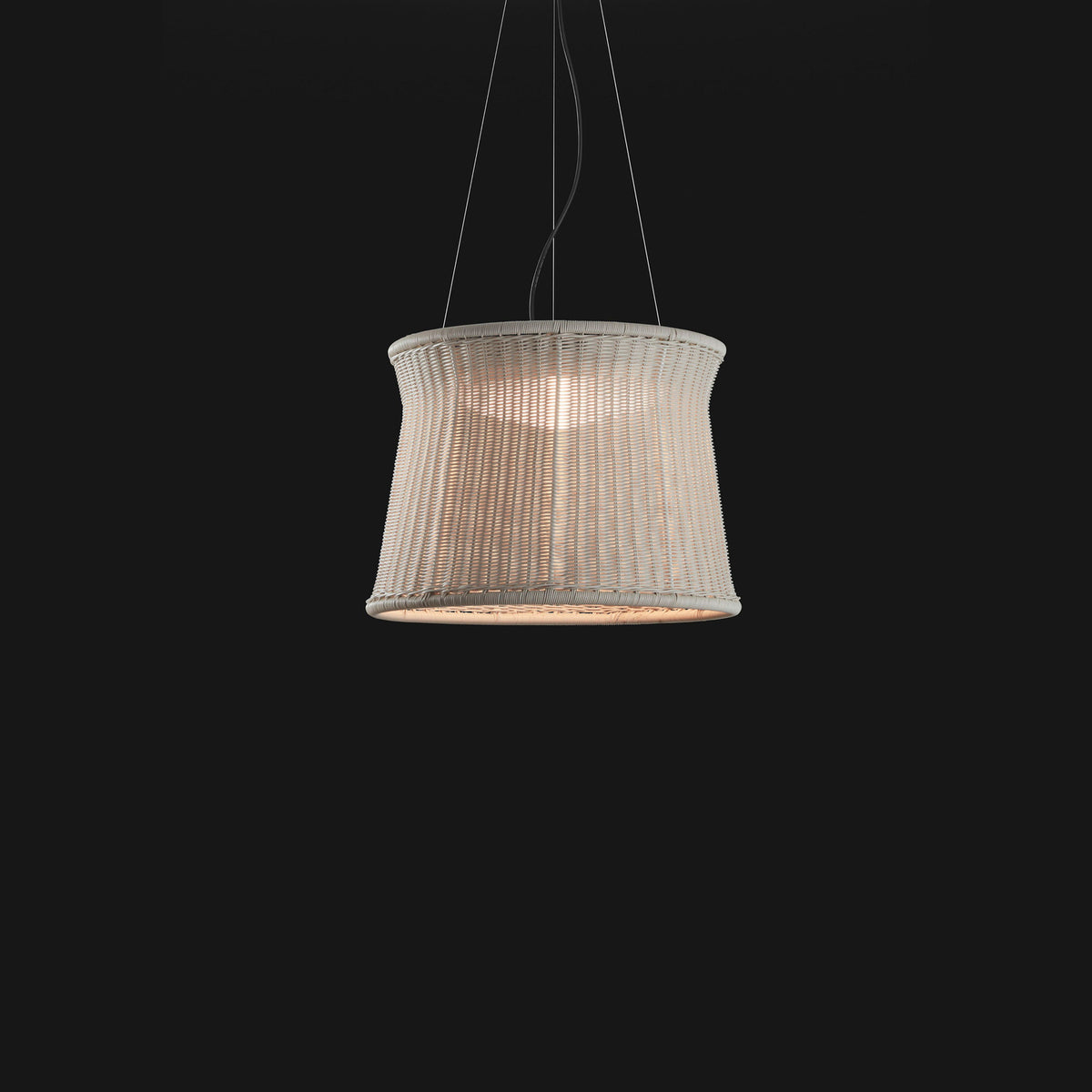 Syra 45 pendant light with woven ivory white drum shade narrowing at the waist, aluminium and iron frame, hung on three fine wires against a plain black background.
