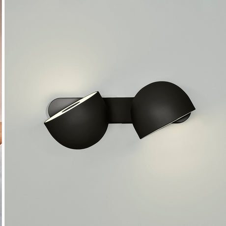 Bowee W2 2 Light Dome LED Wall Light in matte black, with two angled dome heads mounted on a horizontal bar, shown against a plain light grey background.