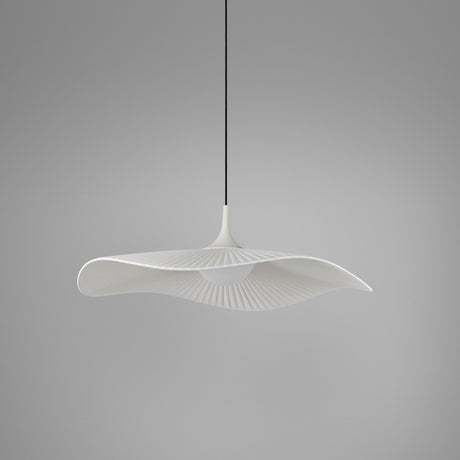 Mediterrània S/52 Ribbon LED pendant light with a white translucent, wave-edged pleated shade on a slender tapered stem, shown against a plain grey background.