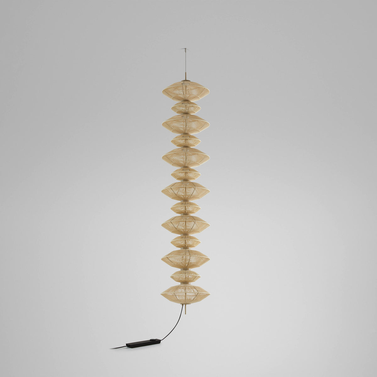 Yuyun S/13C/I fabric LED pendant light with thirteen woven double-cone tiers in satin beige thread on a slim stem, shown against a plain light grey background.