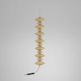 Yuyun S/13C/I fabric LED pendant light with thirteen woven double-cone tiers in satin beige thread on a slim stem, shown against a plain light grey background.
