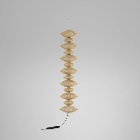 Yuyun S/13C/I fabric LED pendant light with thirteen woven double-cone tiers in satin beige thread on a slim stem, shown against a plain light grey background.