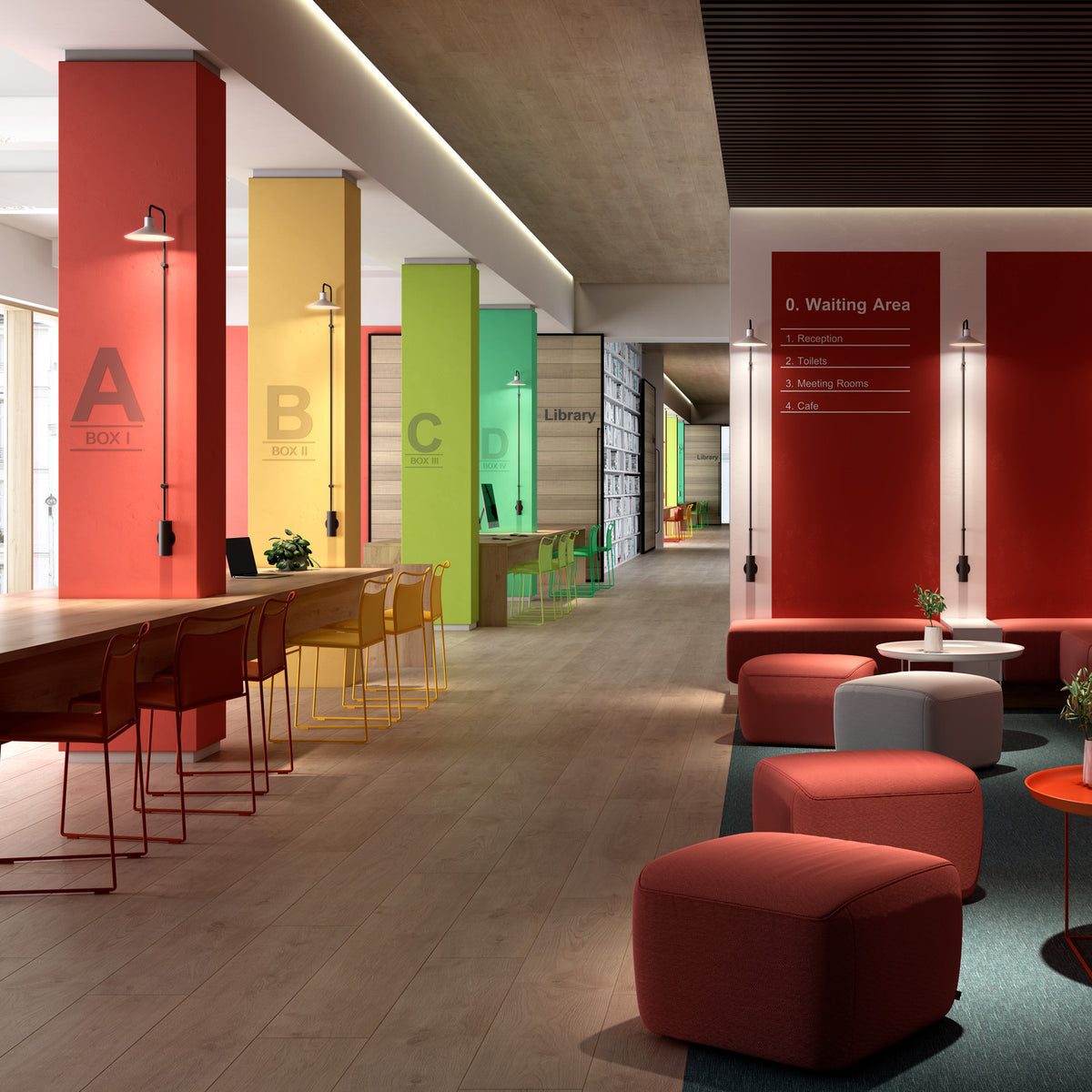 Platet A/06 wall lights with built-in switch mounted on coloured pillars in a modern lounge, slim aluminium rods curving to single conical shades.