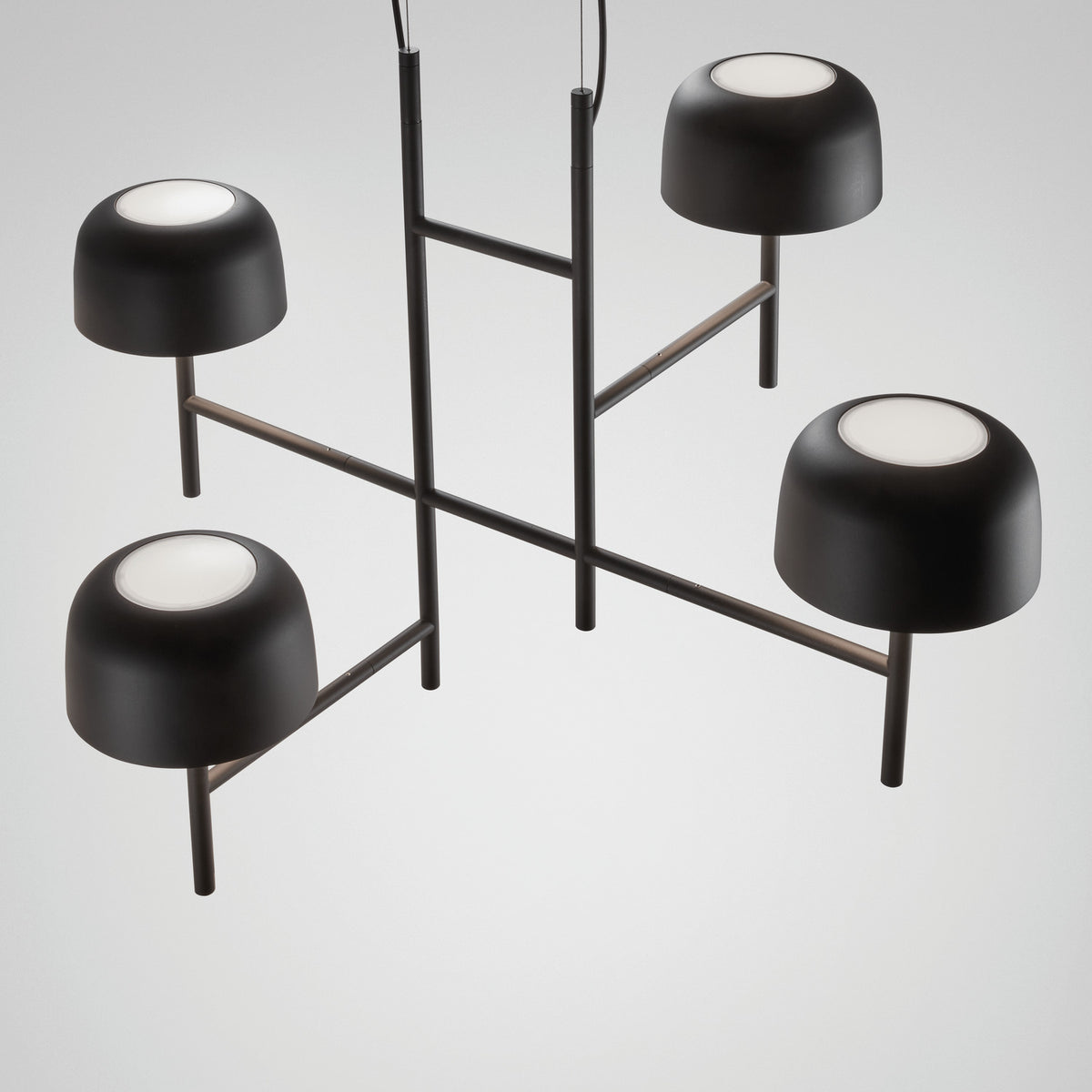 Bol S/4L 4 Light LED Pendant Light with a ladder-style black frame and four dome-shaped shades on angled stems, shown against a plain light grey background.