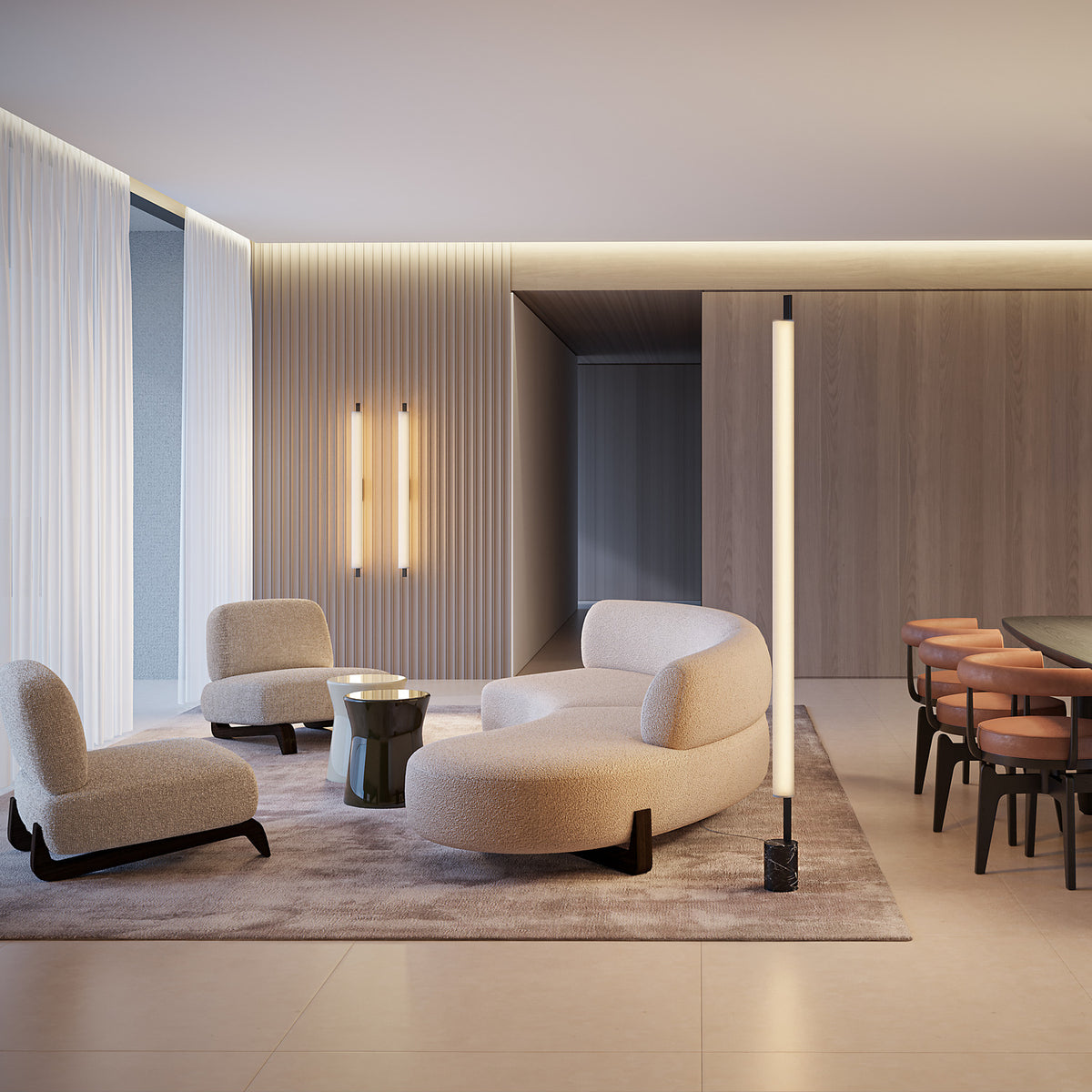 Ombra Nero Marquina LED floor lamp in matt black, a slim vertical light tube on a thin pole with a black veined marble base, shown in a modern living room.