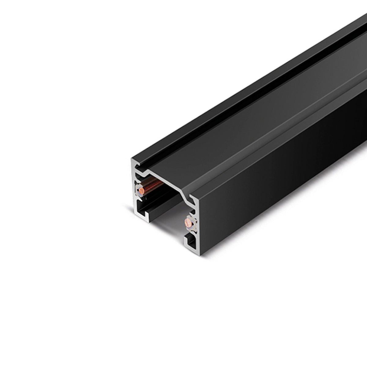 Soho Surface 48V Track, a black square-profile aluminium track length with an open channel exposing internal conductors, shown on a plain white background.