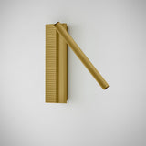 Arid A/03 Aluminium LED Wall Light in Textured Sand Yellow, with a ribbed vertical plate and angled narrow tube, shown on a plain white background.