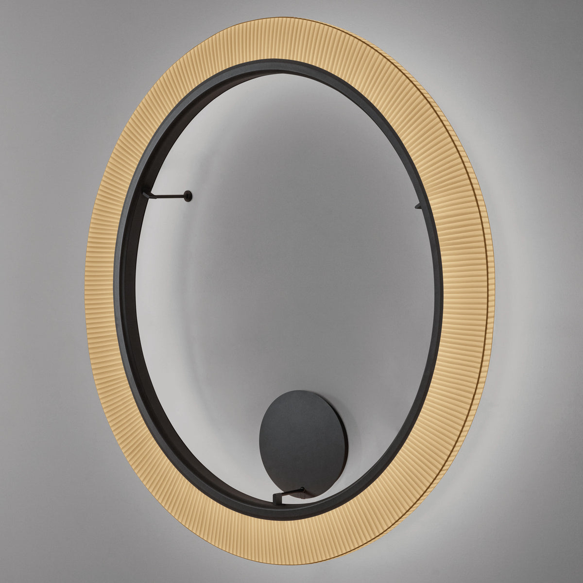 Roda PF/150 Ribbon LED wall and ceiling light with a large cream pleated ring shade, black inner ring, and round black mounting plate, shown against a plain grey background.
