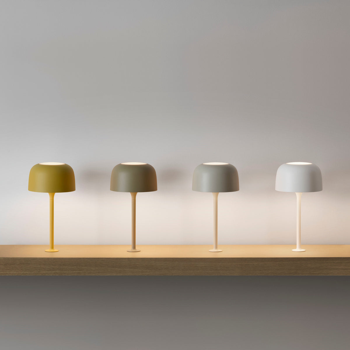 Bol M/33 Dome LED Table Lamp in Textured Olive Grey, shown third among four colour options with dome shade, slim stem and round base on a wooden shelf.