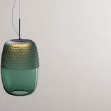 Adamas Forest Green glass LED pendant light, 33cm, with honeycomb-faceted upper shade and smooth clear lower section, black ceiling mount, on a plain light background.