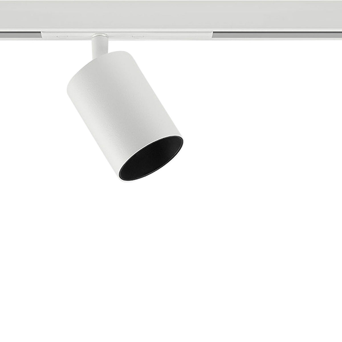 Soho 10 Aluminium LED Track Spotlight in white, a compact cylindrical head with black interior on a short stem, mounted to a white track against a plain background.