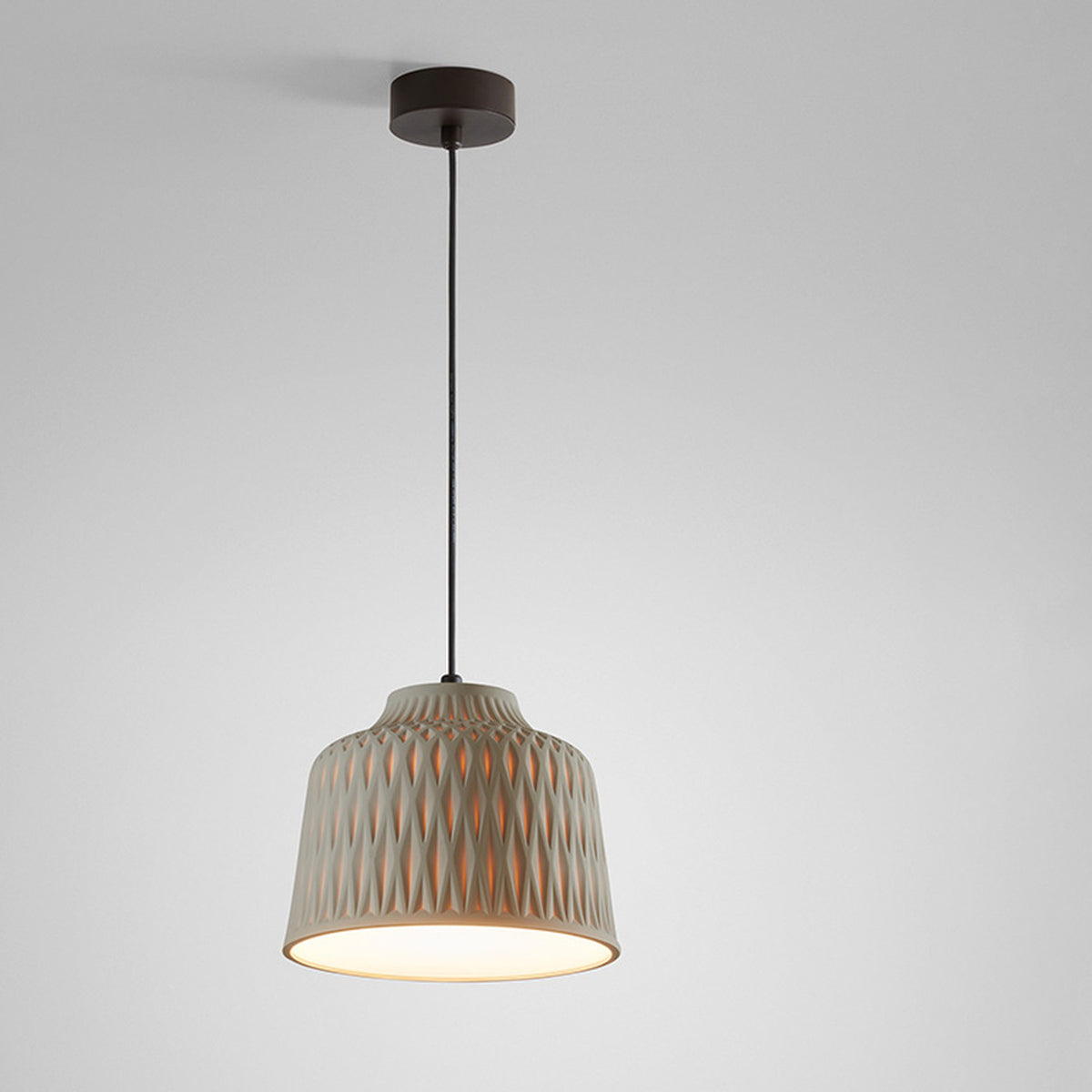 Soft S/30 Bell Outdoor Pendant Light in Olive Grey, a bell-shaped aluminium shade with raised diamond texture, white diffuser base, and black cable, shown on a plain light background.