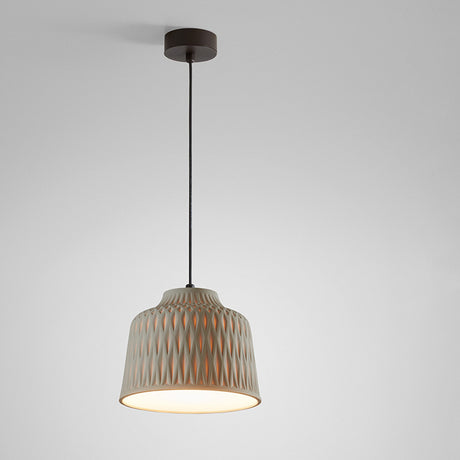 Soft S/30 Bell Outdoor Pendant Light in Olive Grey, a bell-shaped aluminium shade with raised diamond texture, white diffuser base, and black cable, shown on a plain light background.