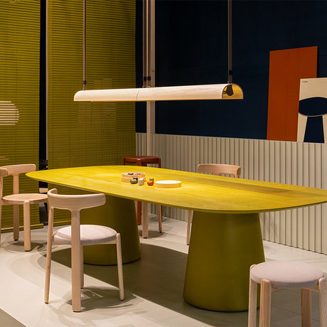 Aluet S/100/2L 2 Light Wood LED Pendant Light in Beige & Ash Wood, two half-round linear shades on a slim ceiling rail, shown above a yellow dining table in a modern dining setting.